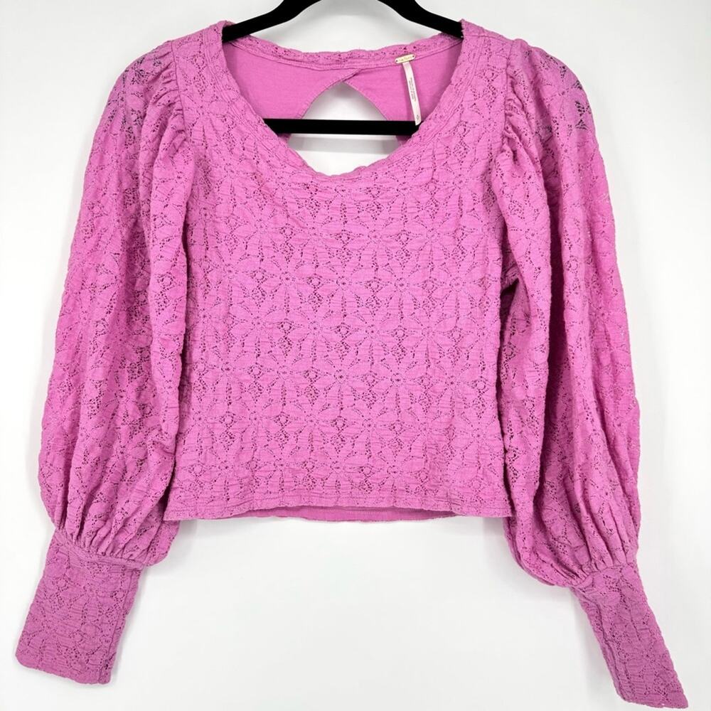 Free People Tea Time Floral Lace Pink Puff Long Sleeve Top Blouse S‎